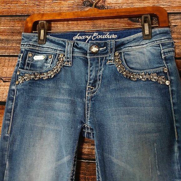 Sexy Couture Jeans Size 7 Low Rise Skinny Embellished Distressed Blue Denim - Picture 4 of 12